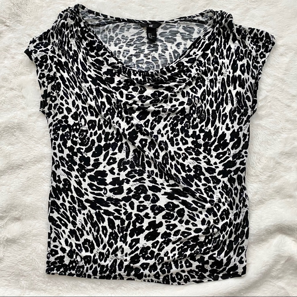 H&M Leopard Print Draped Neck Blouse Black White Size Small